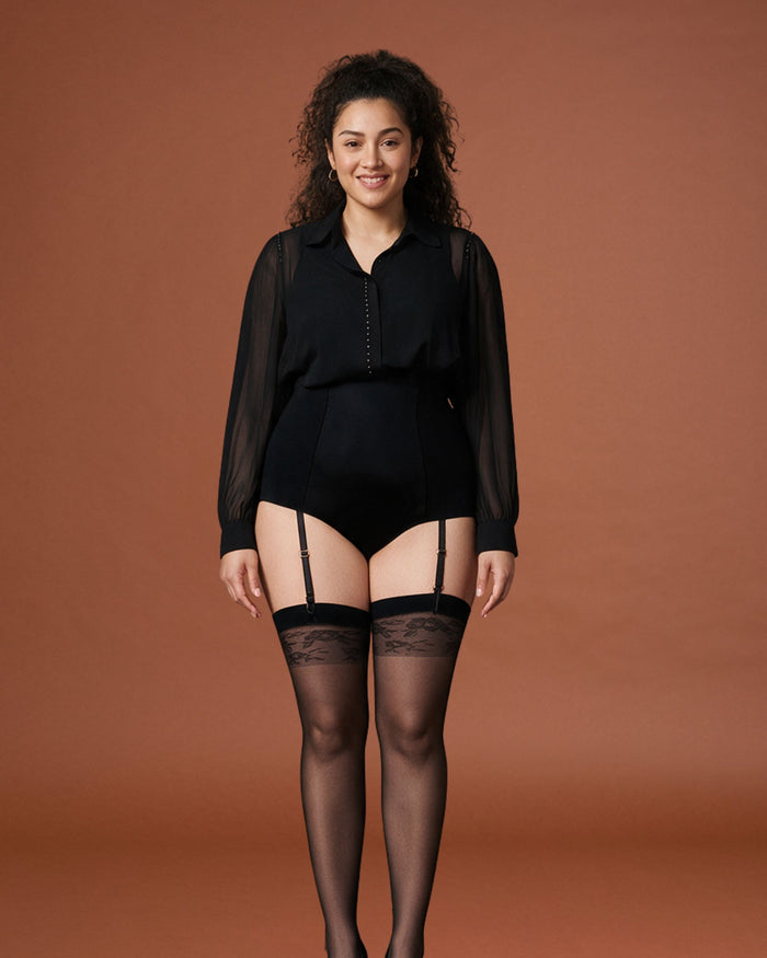 Linsori Midnight Floral Delicate Hold-Ups — Plus Size - Front view 