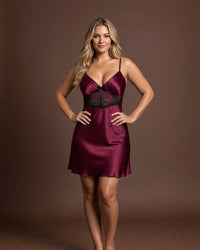Linsori Plum Satin Nightdress - Lifestyle view