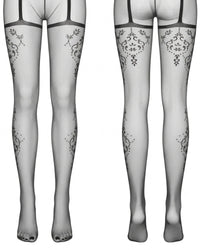 Linsori Noir Lurex Suspender Tights Plus Size - White background view