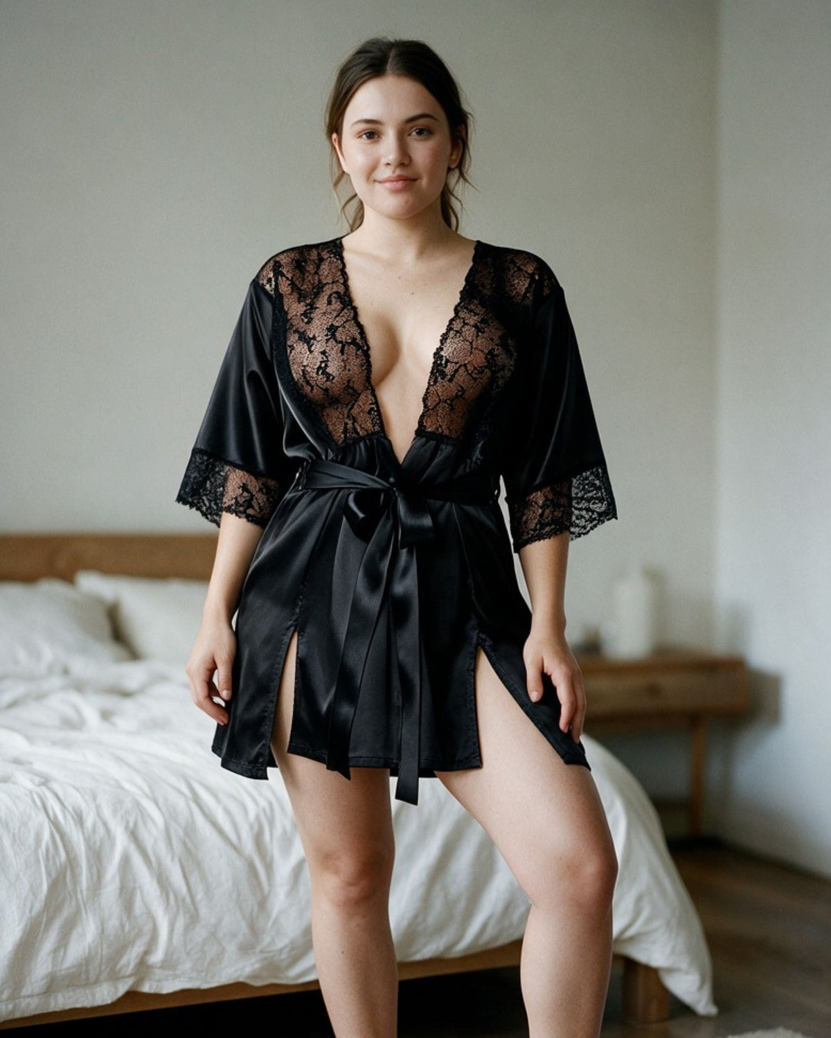 Linsori Noir Satin Dressing Gown Set Plus Size - Lifestyle view