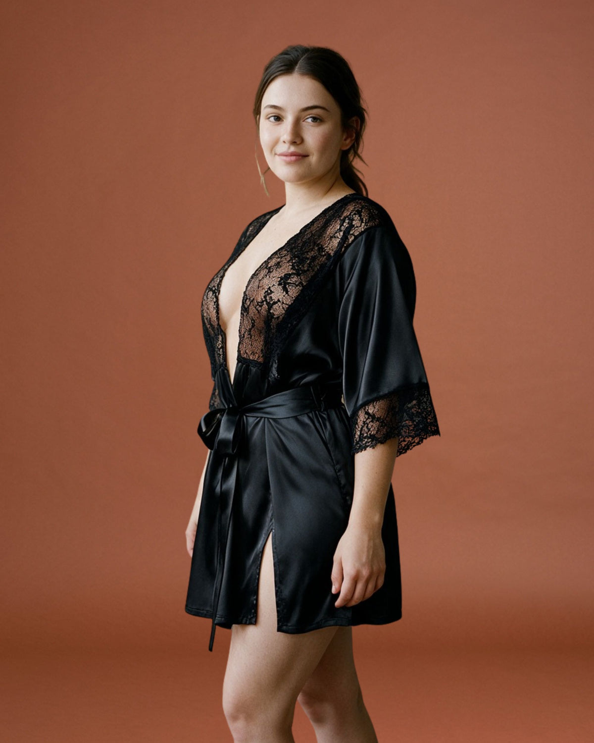 Linsori Noir Satin Dressing Gown Set Plus Size -  Left view
