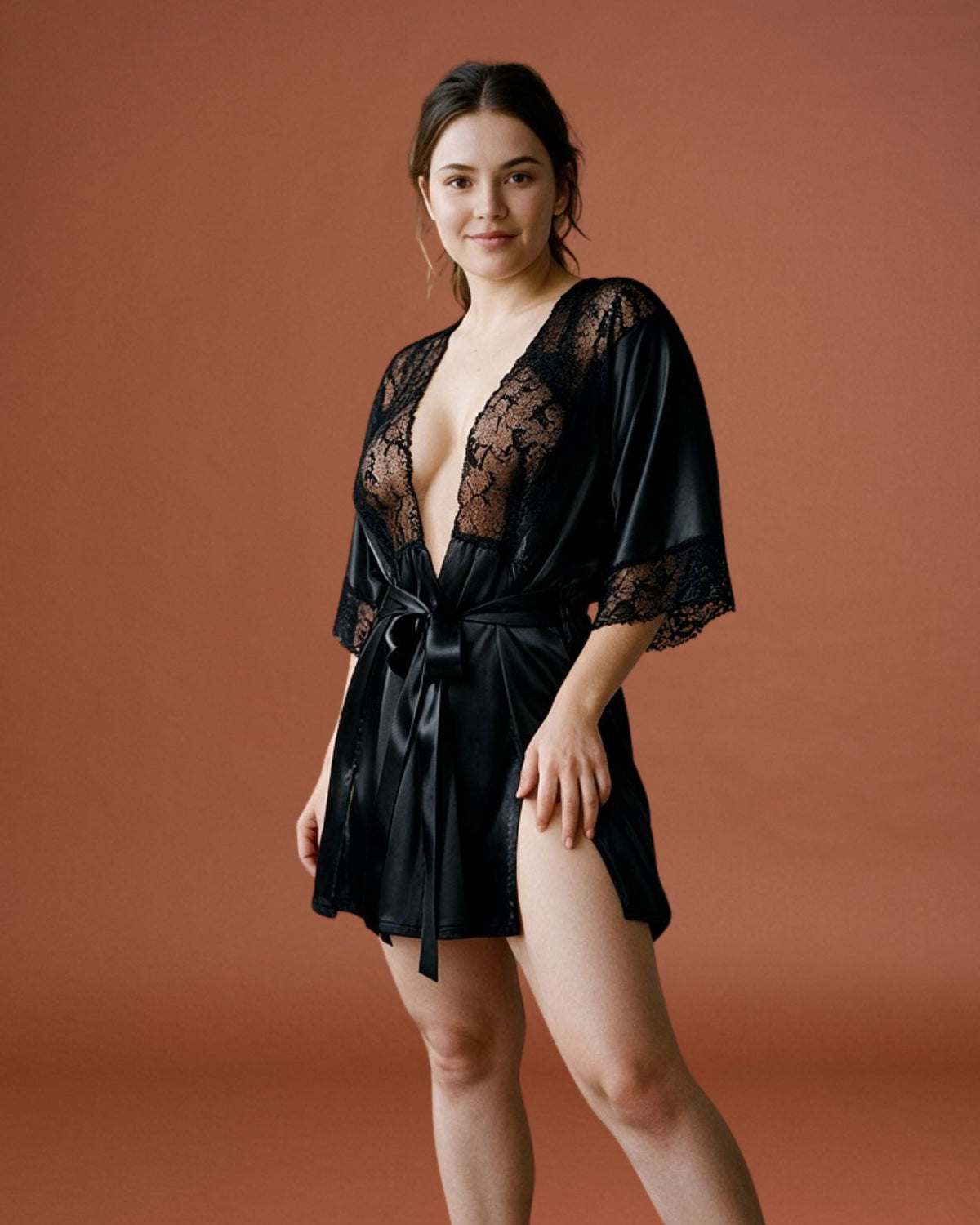 Linsori Noir Satin Dressing Gown Set Plus Size - styled view
