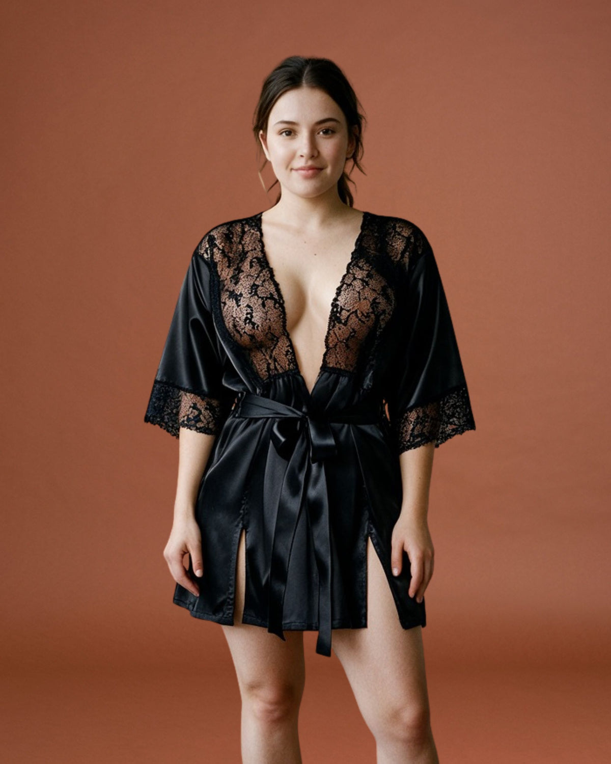 Linsori Noir Satin Dressing Gown Set Plus Size - Front view 