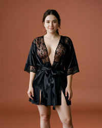 Linsori Noir Satin Dressing Gown Set Plus Size - Front view 
