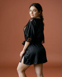 Linsori Noir Satin Dressing Gown Set Plus Size - Back view
