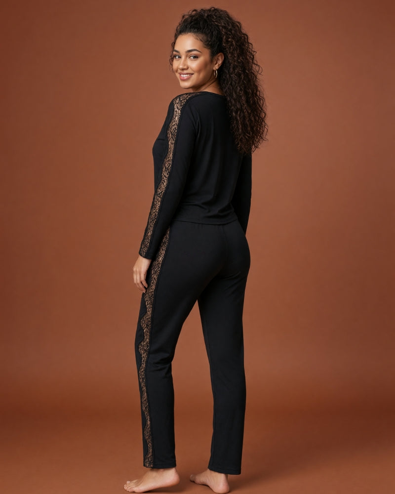 Linsori Noir Lace-Trimmed Pyjama Set -  back view