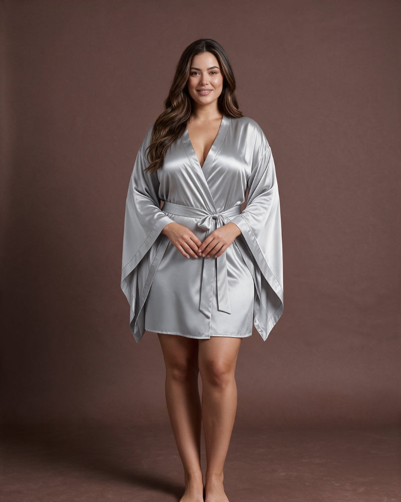 Linsori Silver Satin Flowing Peignoir Set - Lifestyle view