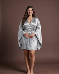 Linsori Silver Satin Flowing Peignoir Set - Lifestyle view