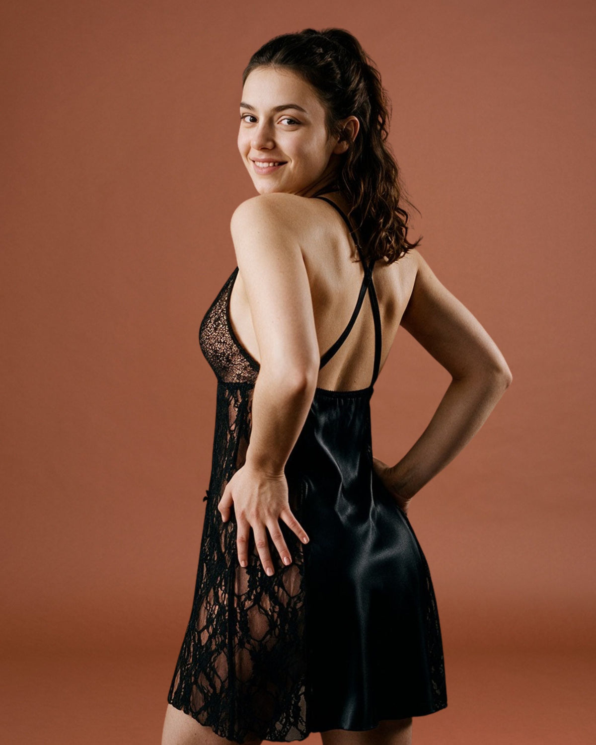 Linsori Noir Halter Chemise Delicate Set Plus Size - Styled view