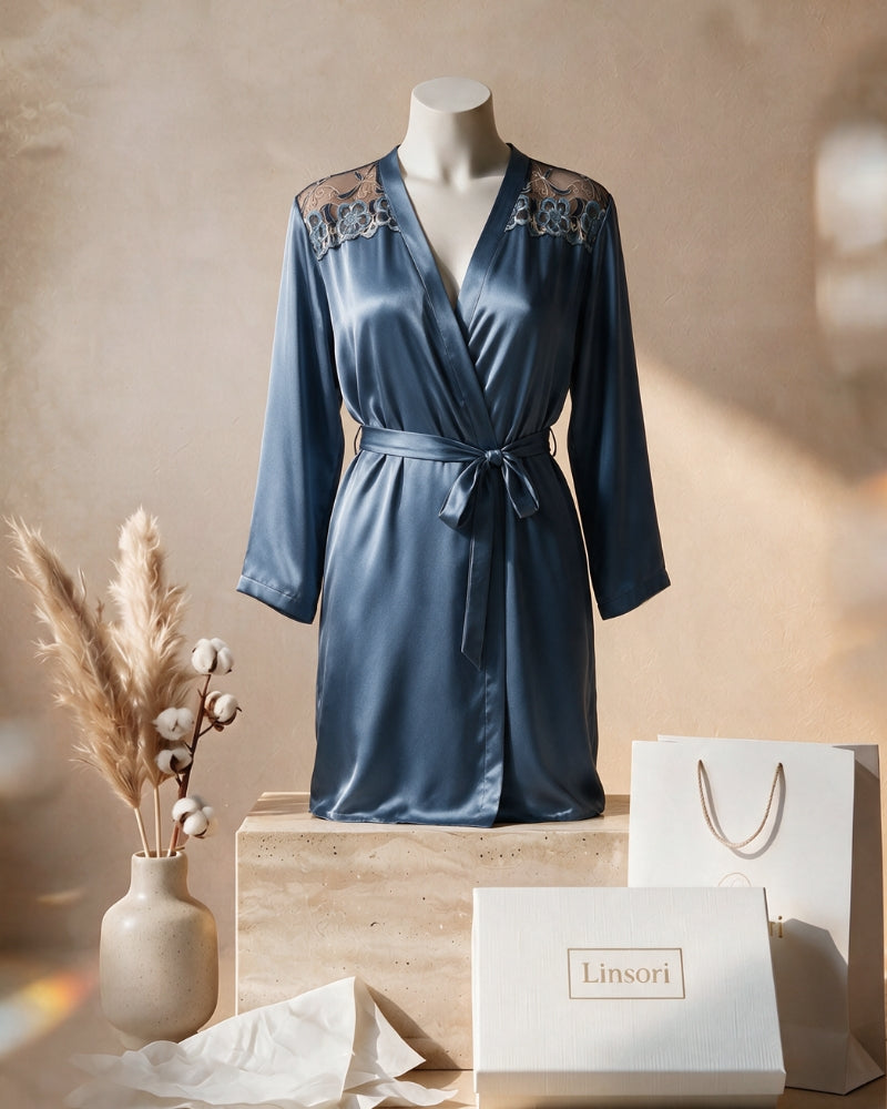 Linsori Azure Satin Embroidered Robe - Mannequin View