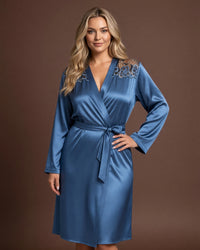 Linsori Azure Satin Embroidered Robe -  Styled view