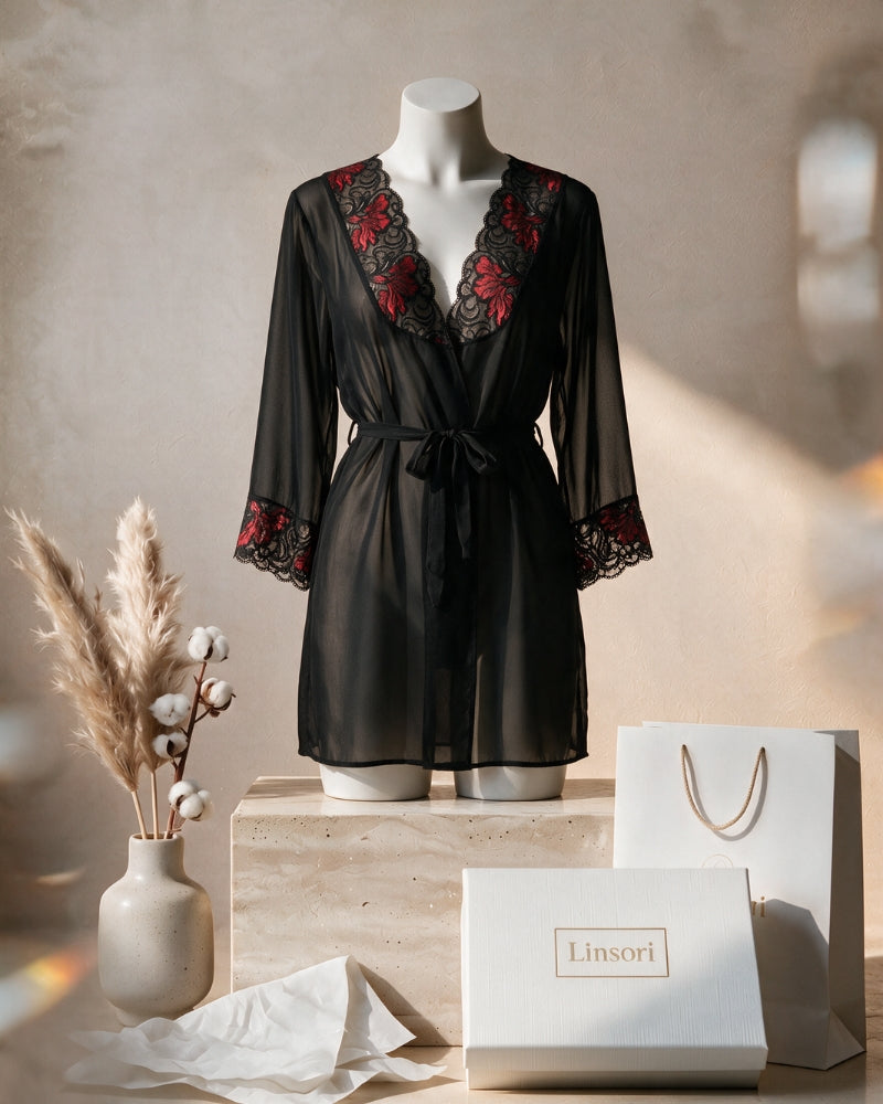 Linsori Noir Chiffon Robe with Lace - Mannequin View