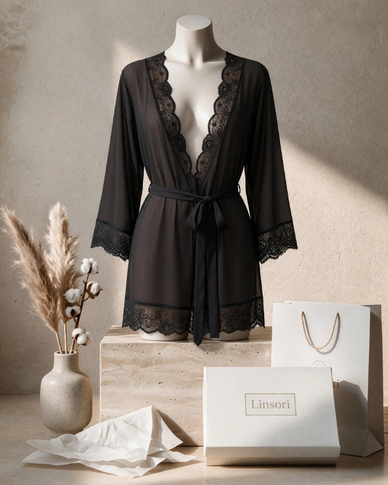 Linsori Midnight Chiffon Robe with Lace - Mannequin View