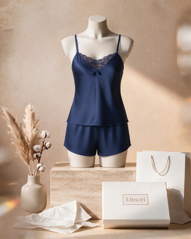 Linsori Navy Satin Lace Cami & Shorts Set - Mannequin View