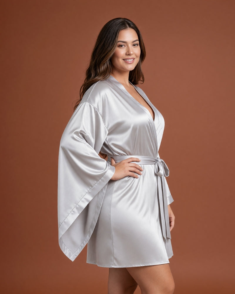 Linsori Silver Satin Flowing Peignoir Set -  Right view