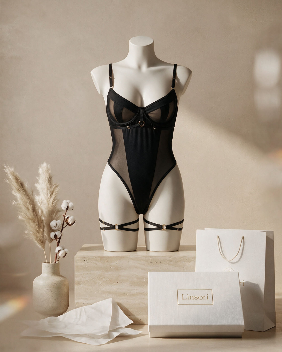 Linsori Obsidian Mesh Underwire Bodysuit - Mannequin View