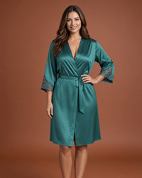 Linsori Emerald Satin Embroidered Robe - Front view 