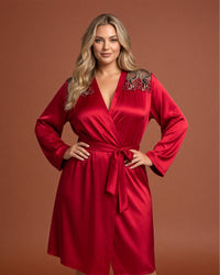 Linsori Burgundy Satin Embroidered Robe  Front view 