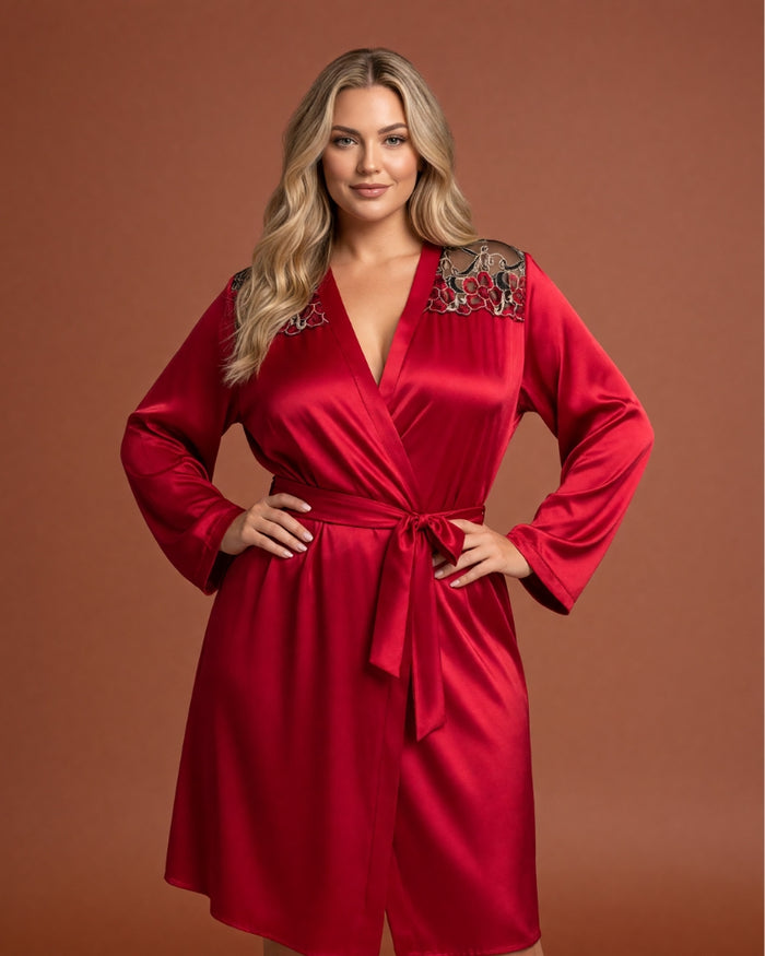 Linsori Burgundy Satin Embroidered Robe  Front view 