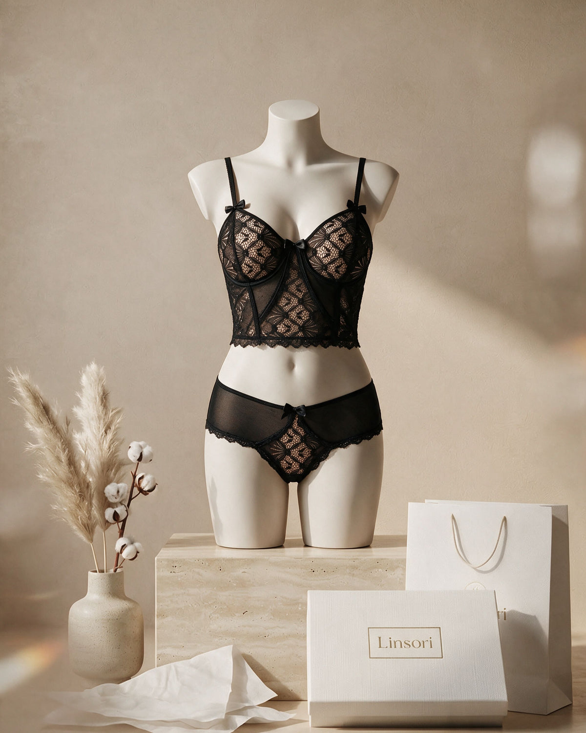 Linsori Midnight Lace Bra Floral Lace Set - Mannequin View