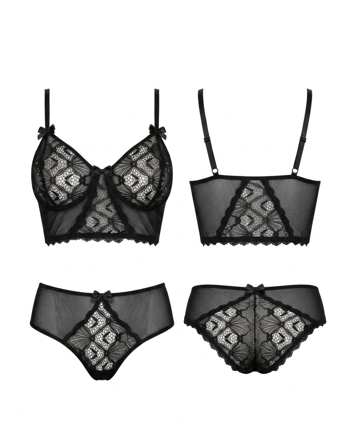 Linsori Midnight Lace Bra Floral Lace Set - White background view