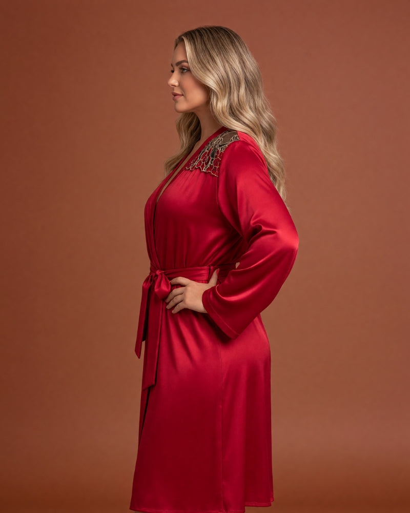 Linsori Burgundy Satin Embroidered Robe   Left view
