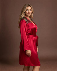 Linsori Burgundy Satin Embroidered Robe   Styled view