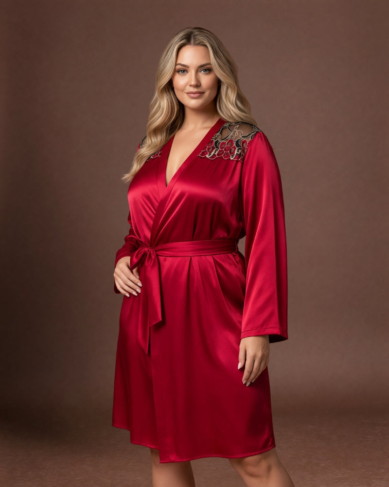 Linsori Burgundy Satin Embroidered Robe  Lifestyle view