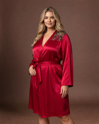 Linsori Burgundy Satin Embroidered Robe  Lifestyle view