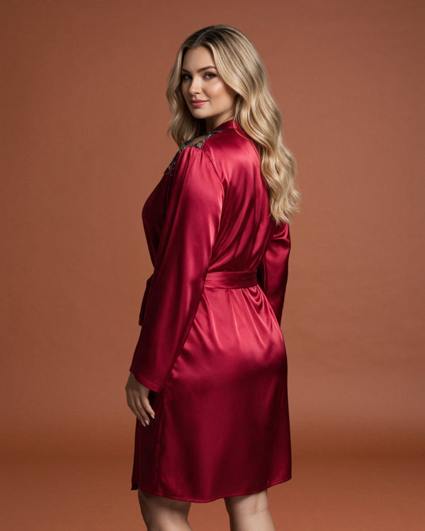 Linsori Burgundy Satin Embroidered Robe   back view