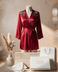 Linsori Burgundy Satin Embroidered Robe  Mannequin View