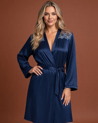 Linsori Navy Satin Embroidered Robe - Front view 
