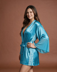 Linsori Turquoise Satin Flared Sleeve Peignoir Set -  Left view
