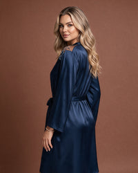 Linsori Navy Satin Embroidered Robe -  back view