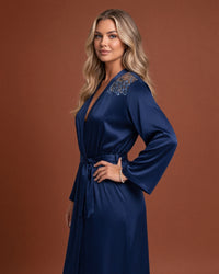 Linsori Navy Satin Embroidered Robe -  Left view