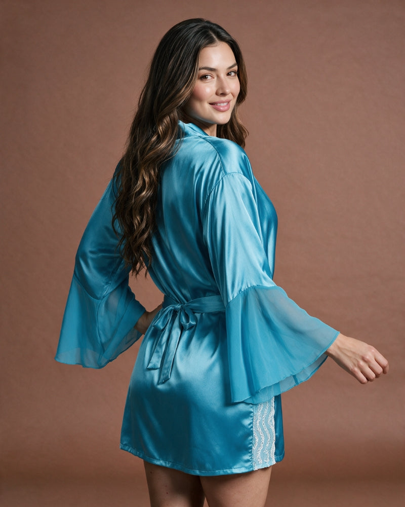 Linsori Turquoise Satin Flared Sleeve Peignoir Set -  back view