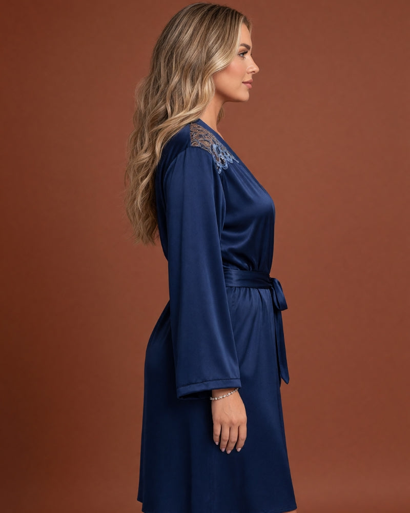Linsori Navy Satin Embroidered Robe -  Right view