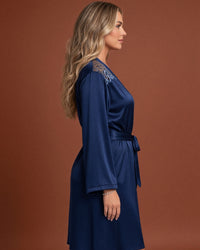 Linsori Navy Satin Embroidered Robe -  Right view