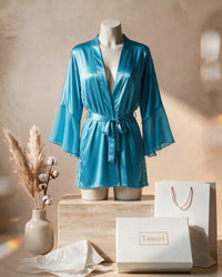 Linsori Turquoise Satin Flared Sleeve Peignoir Set - Mannequin View