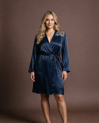 Linsori Navy Satin Embroidered Robe - Lifestyle view