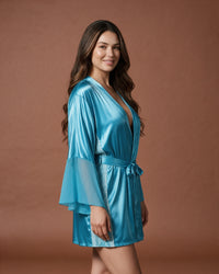 Linsori Turquoise Satin Flared Sleeve Peignoir Set -  Right view