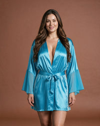 Linsori Turquoise Satin Flared Sleeve Peignoir Set - Front view 