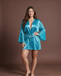 Linsori Turquoise Satin Flared Sleeve Peignoir Set - Lifestyle view