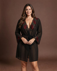 Linsori Noir Chiffon Robe with Lace - Lifestyle view