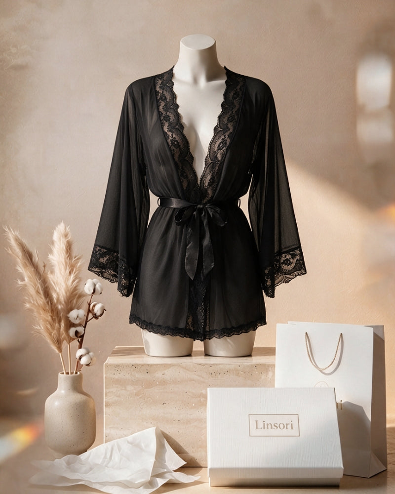 Linsori Noir Lace Flowing Dressing Gown Set - Mannequin View