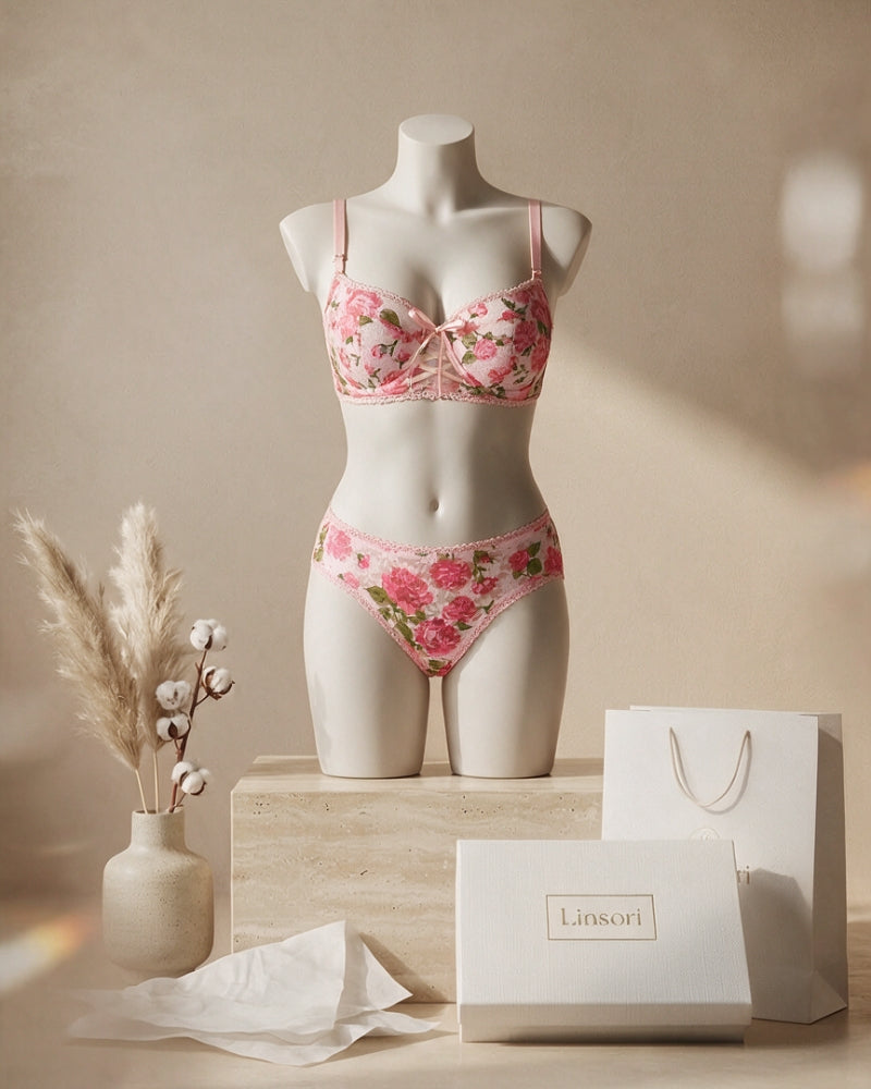 Linsori Scarlet Rose-Print Lace Balconette Bra - Mannequin View
