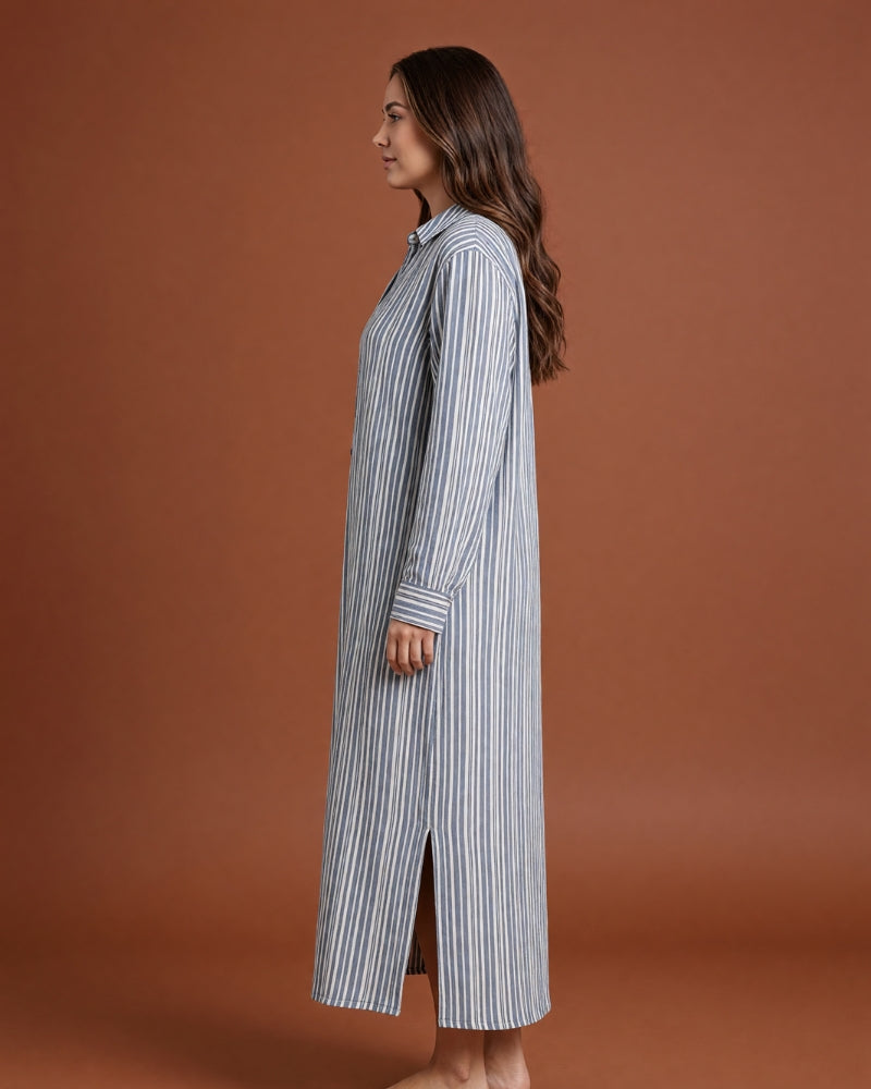 Linsori Pearl Navy Stripe Cotton Maxi Sleep Shirt -  Left view