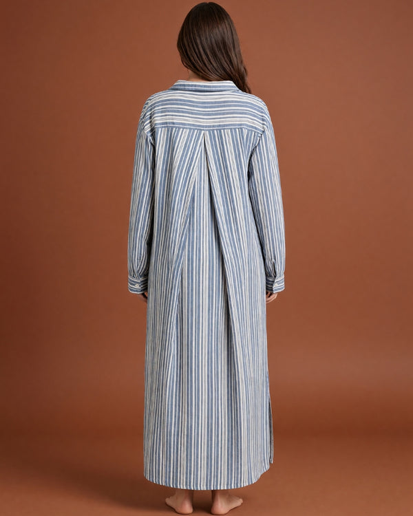 Linsori Pearl Navy Stripe Cotton Maxi Sleep Shirt -  back view