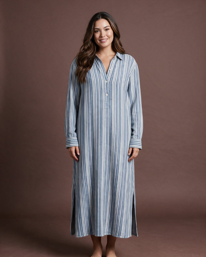 Linsori Pearl Navy Stripe Cotton Maxi Sleep Shirt -  Styled view