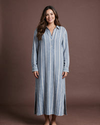 Linsori Pearl Navy Stripe Cotton Maxi Sleep Shirt -  Styled view